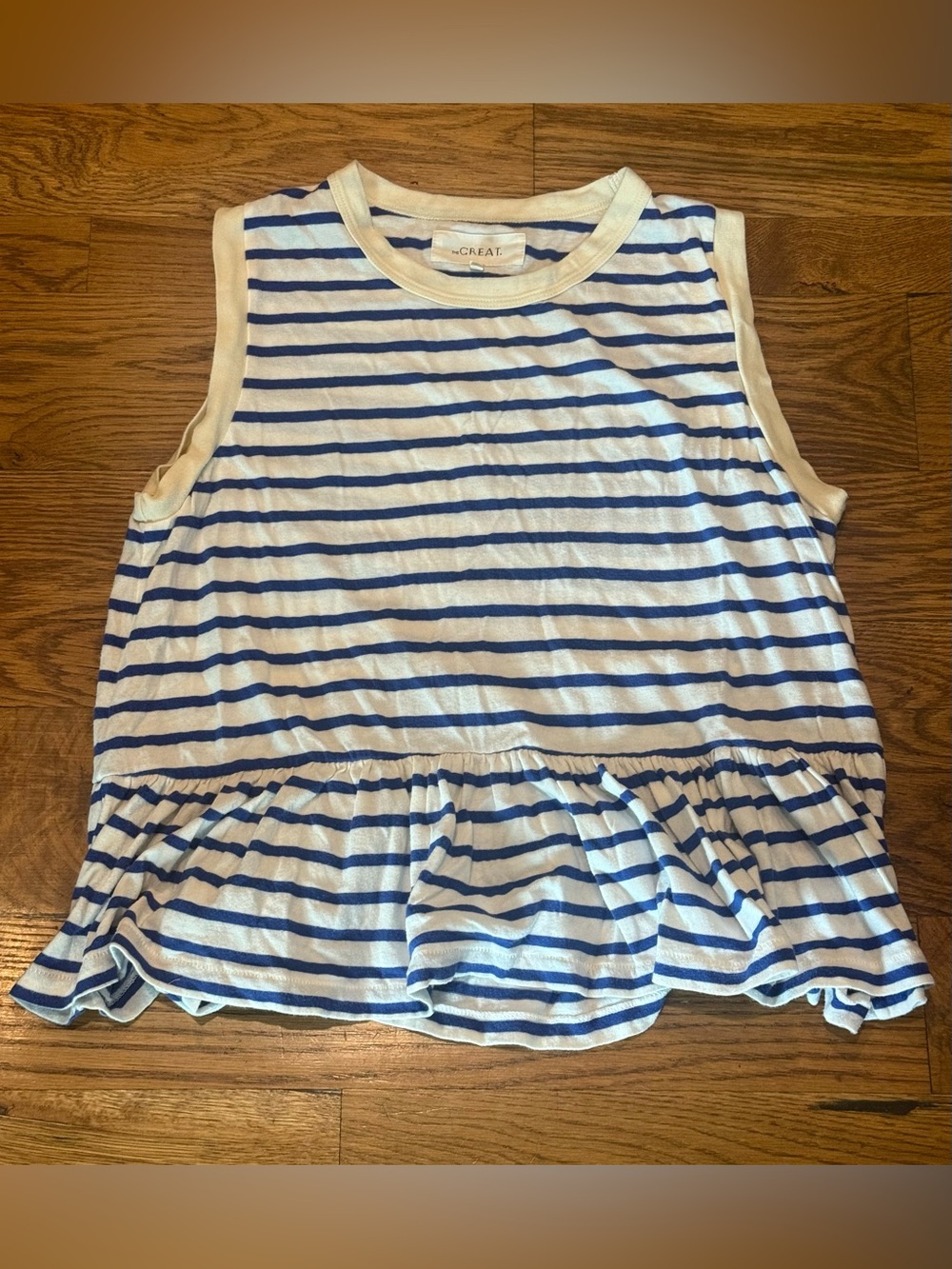 The Great. Cotton Striped Peplum Sleeveless Top. Blue/White. Size Medium.